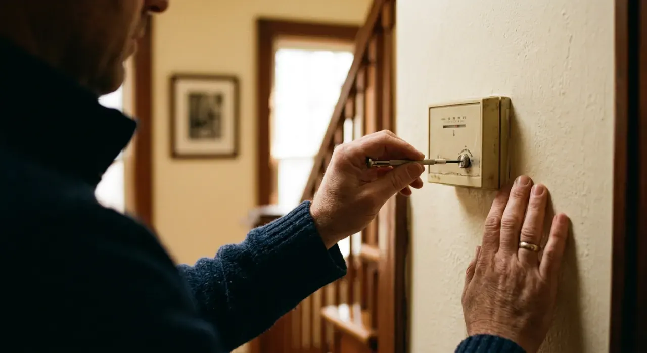 Over-the-shoulder view of a person adjusting a wall thermostat in a warm hallway, in soft early-morning light