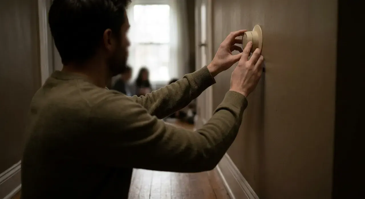 Low-angle view of a person adjusting a wall thermostat in a warm hallway, in soft overcast light