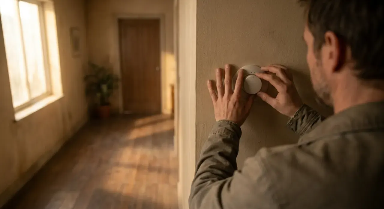 Golden-hour view of a person adjusting a wall thermostat in a warm hallway