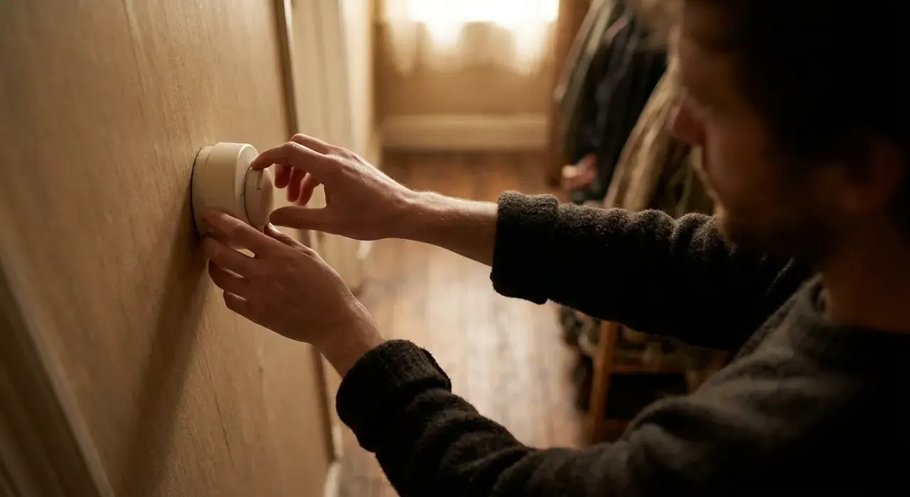 Overhead view of a person adjusting a wall thermostat in a warm hallway, in soft overcast light