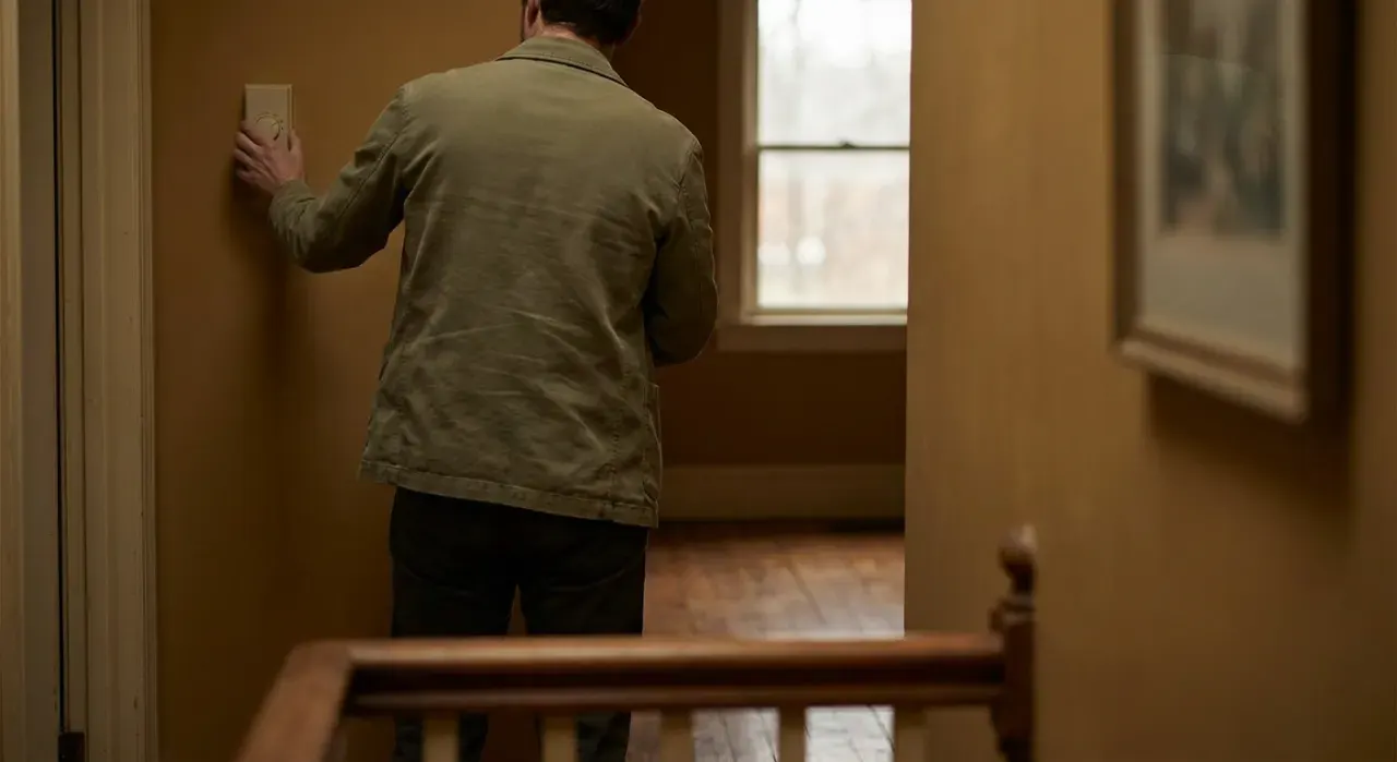 Wide environmental view of a person adjusting a wall thermostat in a warm hallway, in soft overcast light