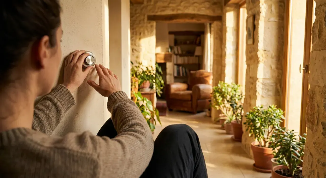 Wide view of a person adjusting a wall thermostat in a warm hallway, in warm late-afternoon light