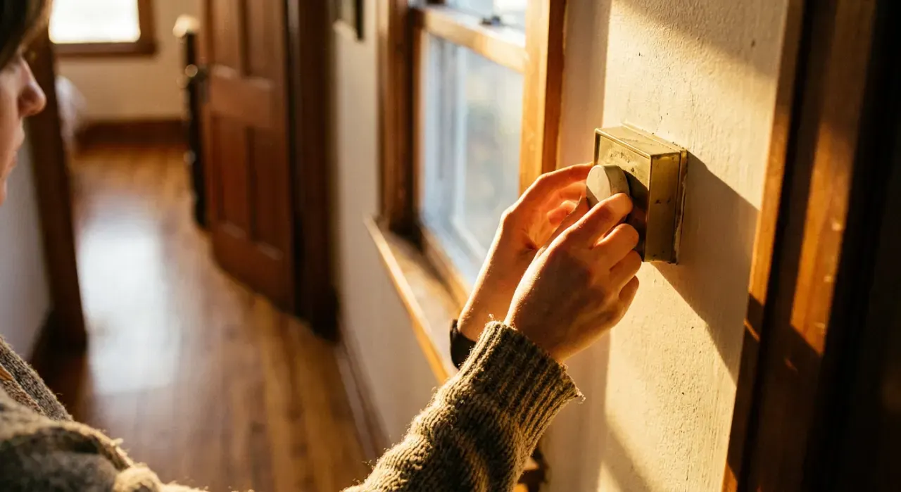 Over-the-shoulder view of a person adjusting a wall thermostat in a warm hallway, in warm late-afternoon light