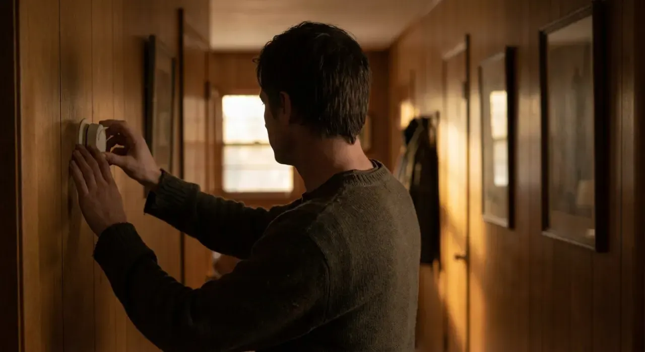 Three-quarter view of a person adjusting a wall thermostat in a warm hallway, in warm late-afternoon light