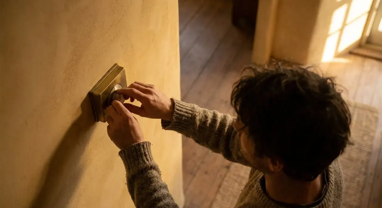 Overhead view of a person adjusting a wall thermostat in a warm hallway, in warm late-afternoon light