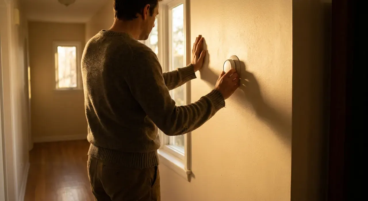 Wide environmental view of a person adjusting a wall thermostat in a warm hallway, in warm late-afternoon light