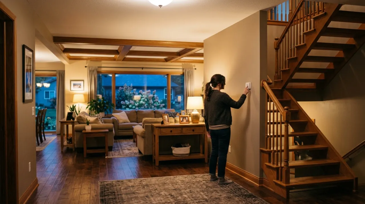 Wide view of a person adjusting a wall thermostat in a warm hallway, in warm evening lamplight