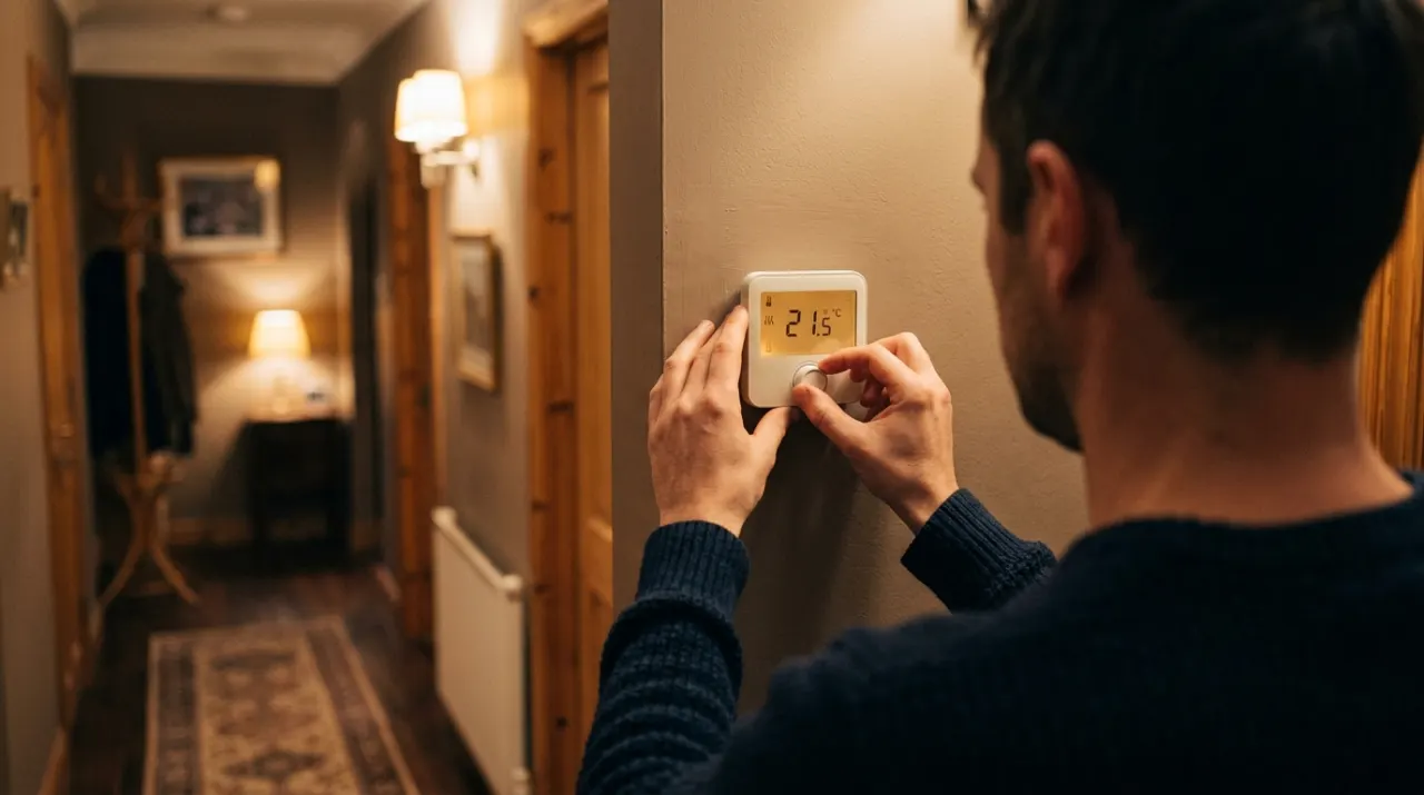 Over-the-shoulder view of a person adjusting a wall thermostat in a warm hallway, in warm evening lamplight