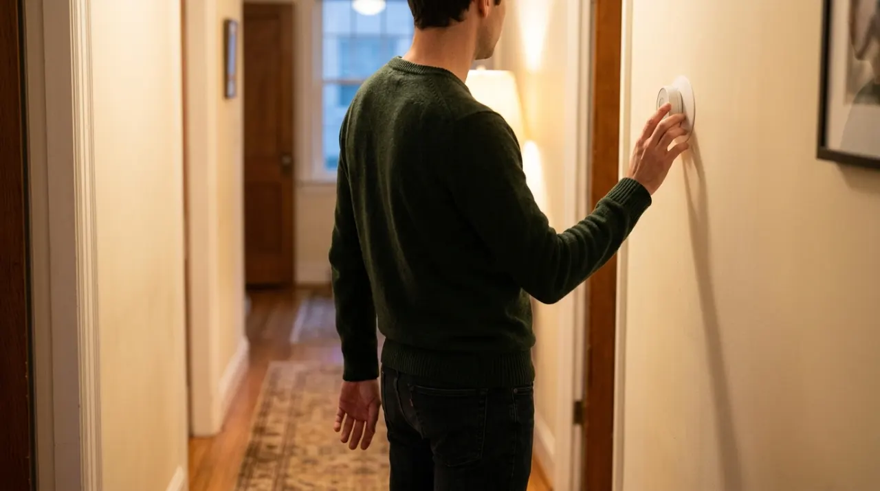 Three-quarter view of a person adjusting a wall thermostat in a warm hallway, in warm evening lamplight