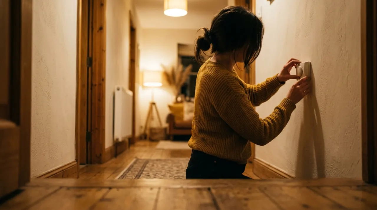 Low-angle view of a person adjusting a wall thermostat in a warm hallway, in warm evening lamplight