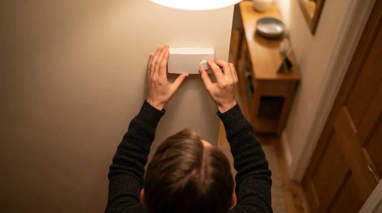 Overhead view of a person adjusting a wall thermostat in a warm hallway, in warm evening lamplight