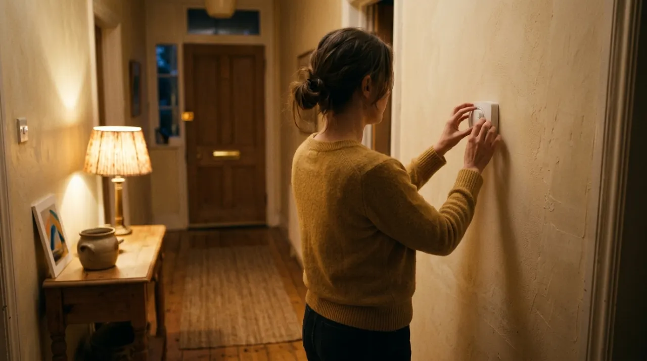 Wide environmental view of a person adjusting a wall thermostat in a warm hallway, in warm evening lamplight
