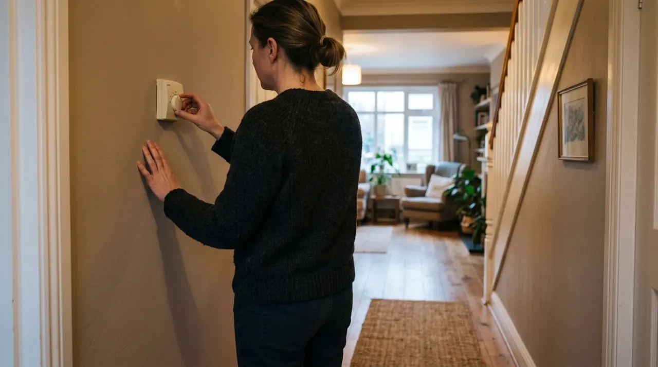 Wide view of a person adjusting a wall thermostat in a warm hallway, in soft early-morning light