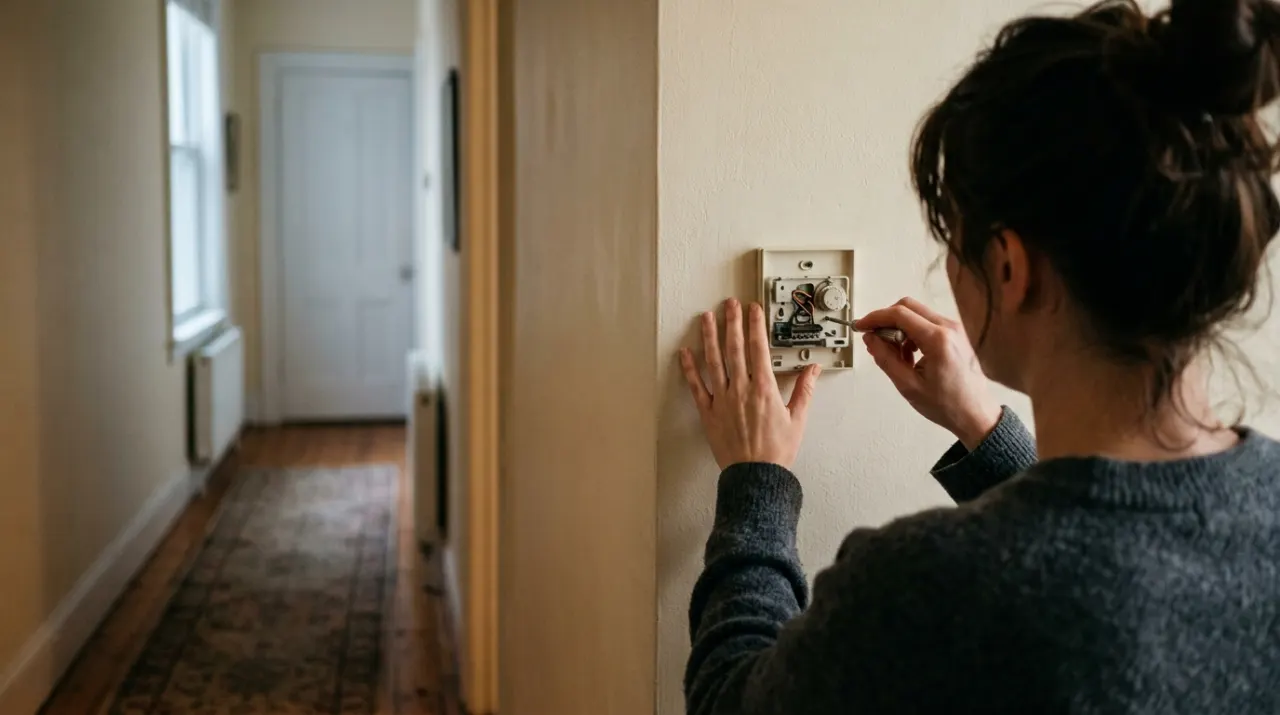 Over-the-shoulder view of a person adjusting a wall thermostat in a warm hallway, in soft early-morning light