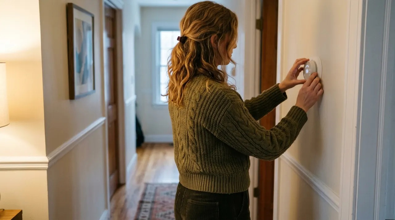 Three-quarter view of a person adjusting a wall thermostat in a warm hallway, in soft early-morning light