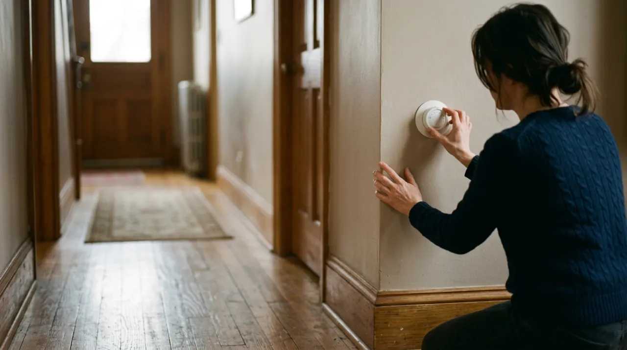 Low-angle view of a person adjusting a wall thermostat in a warm hallway, in soft early-morning light