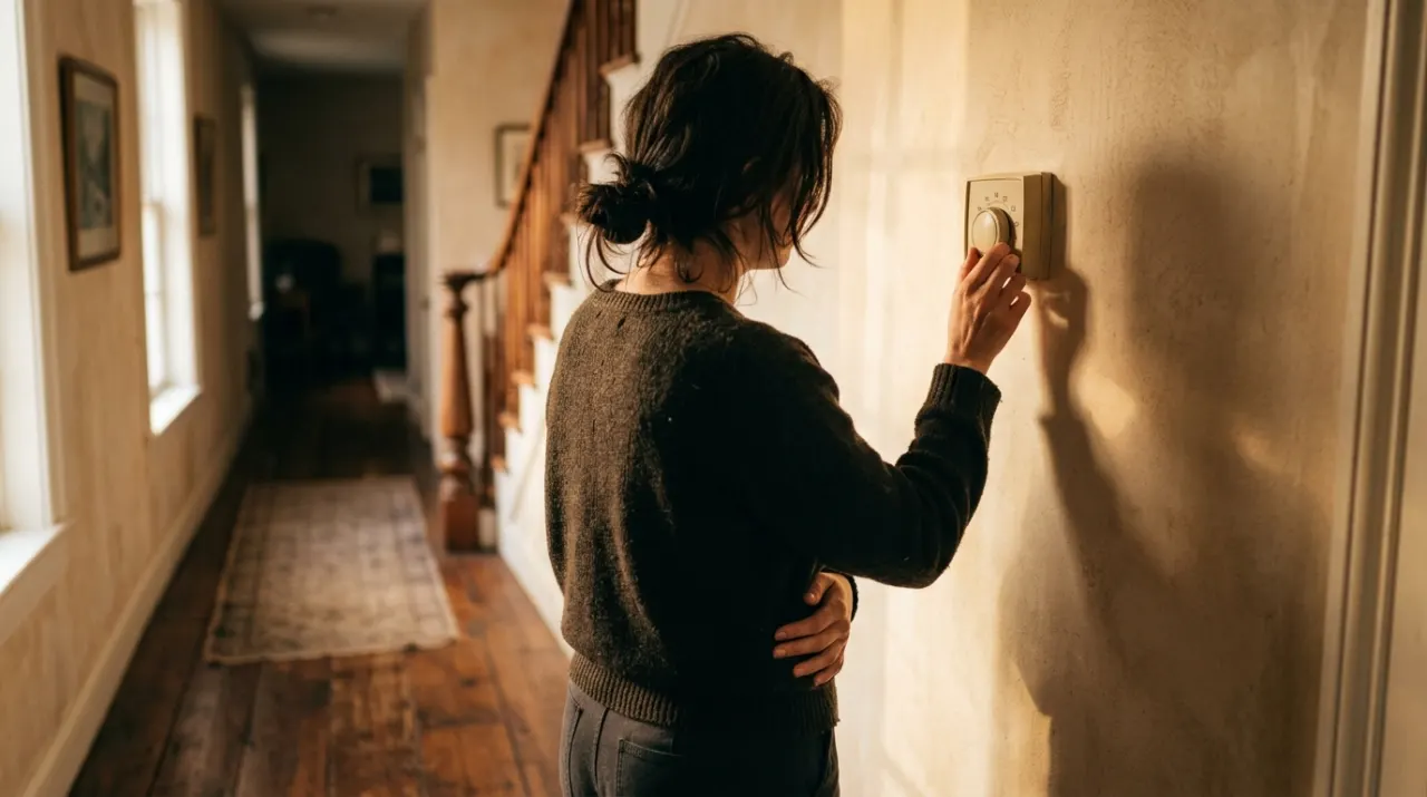 Golden-hour view of a person adjusting a wall thermostat in a warm hallway