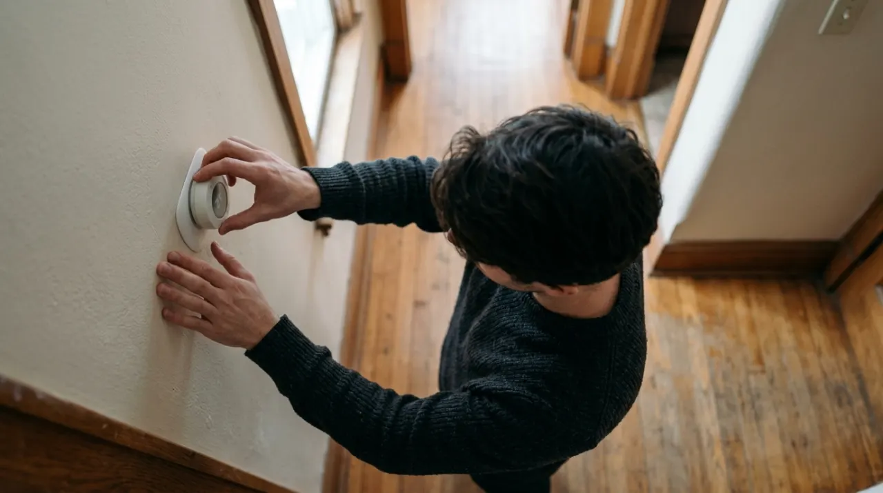 Overhead view of a person adjusting a wall thermostat in a warm hallway, in soft early-morning light