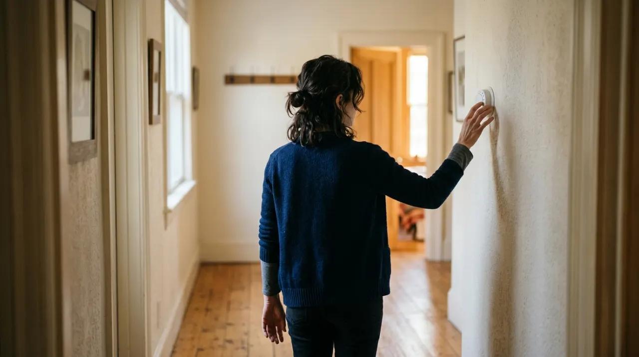 Wide environmental view of a person adjusting a wall thermostat in a warm hallway, in soft early-morning light