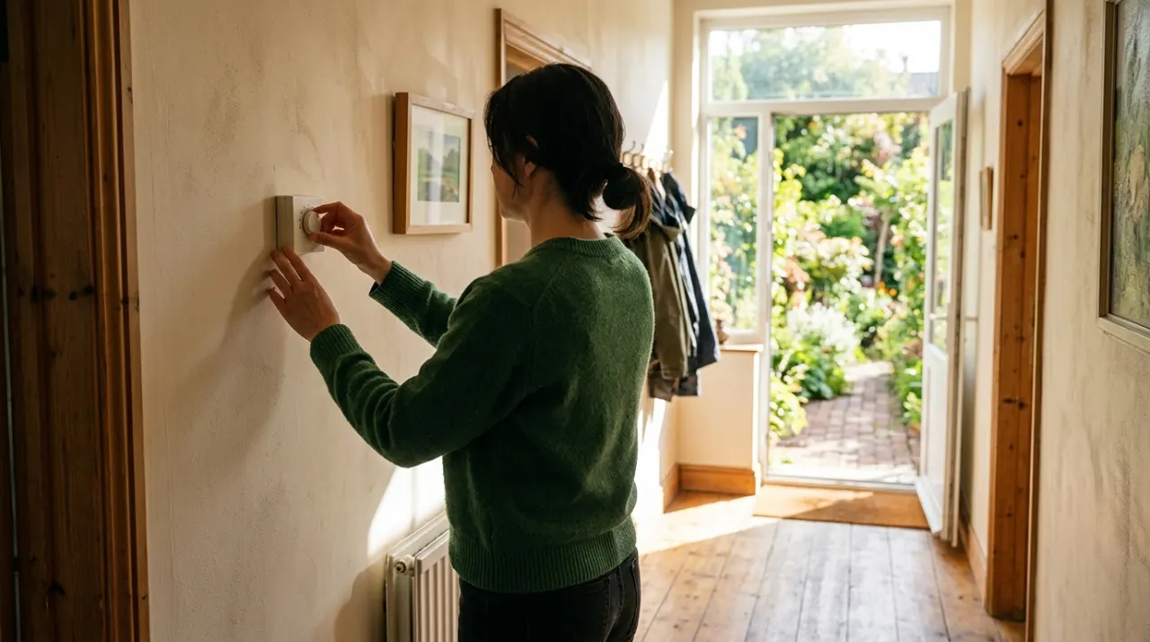 Wide view of a person adjusting a wall thermostat in a warm hallway, in bright midday sun