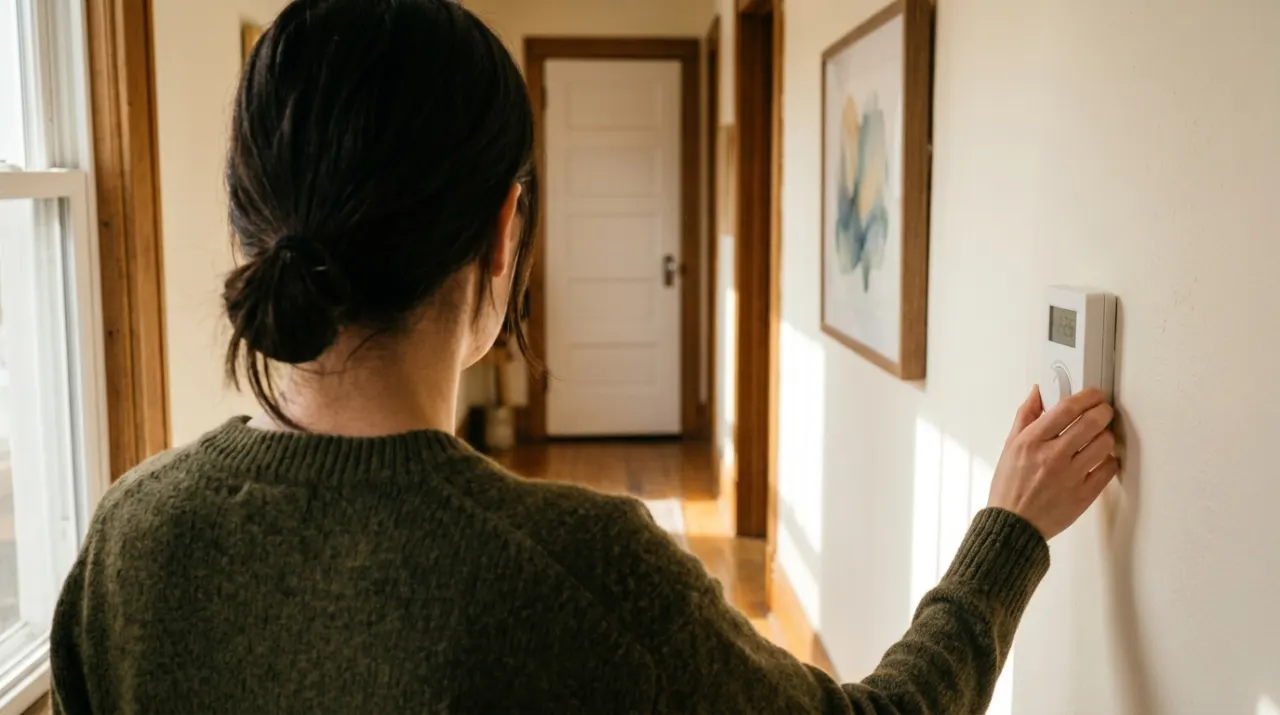 Over-the-shoulder view of a person adjusting a wall thermostat in a warm hallway, in bright midday sun