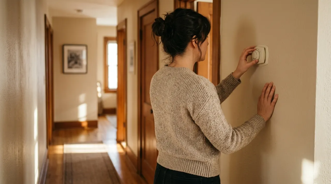 Three-quarter view of a person adjusting a wall thermostat in a warm hallway, in bright midday sun