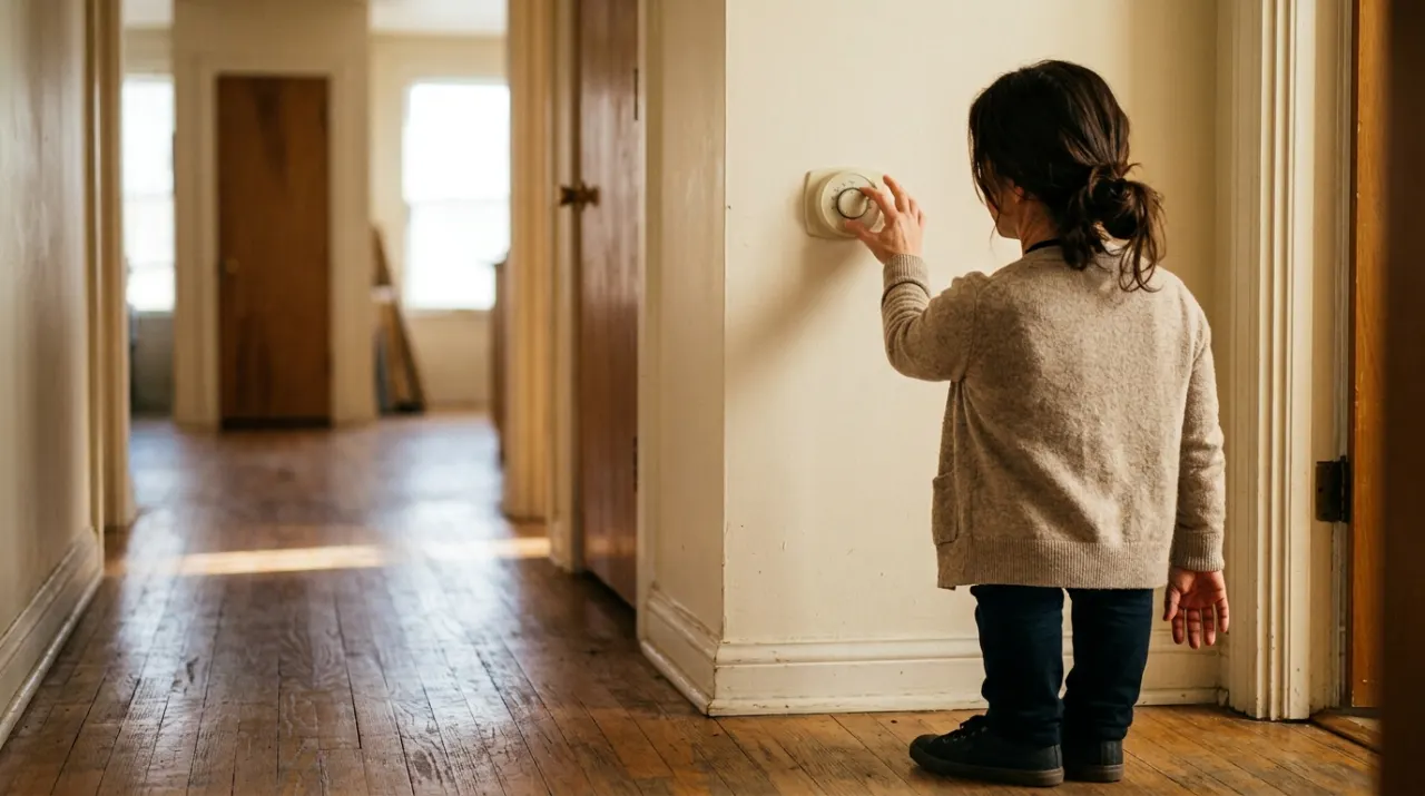 Low-angle view of a person adjusting a wall thermostat in a warm hallway, in bright midday sun