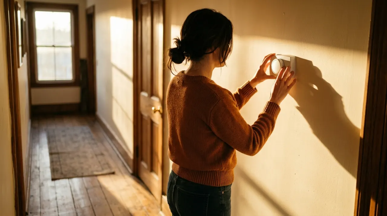 Golden-hour view of a person adjusting a wall thermostat in a warm hallway