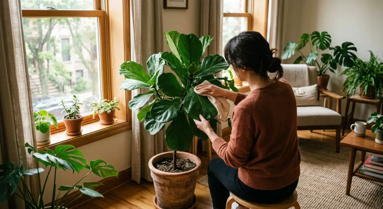 Wide view of a person's hands wiping the leaves of a large indoor plant beside a bright window, in soft early-morning light