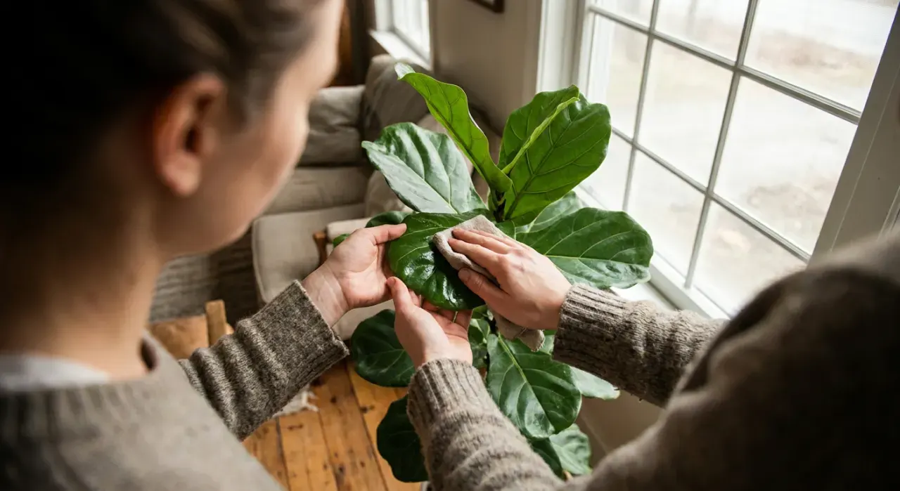 Over-the-shoulder view of a person's hands wiping the leaves of a large indoor plant beside a bright window, in soft overcast light