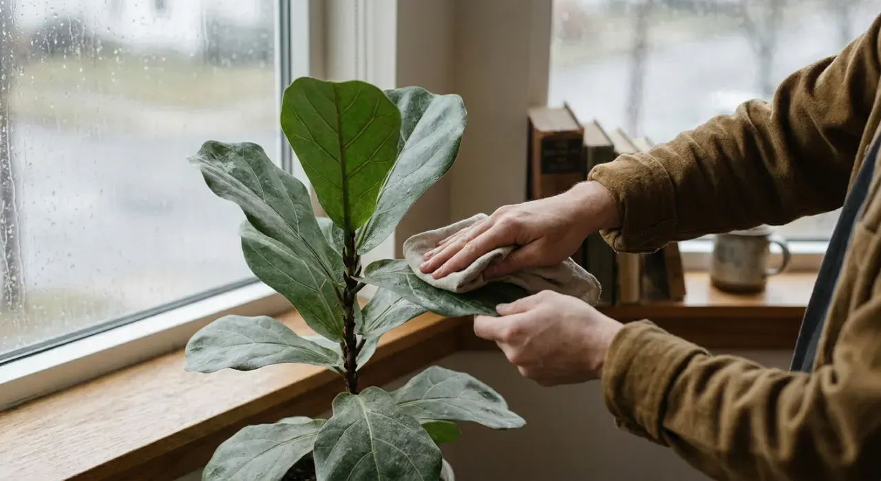 Three-quarter view of a person's hands wiping the leaves of a large indoor plant beside a bright window, in soft overcast light