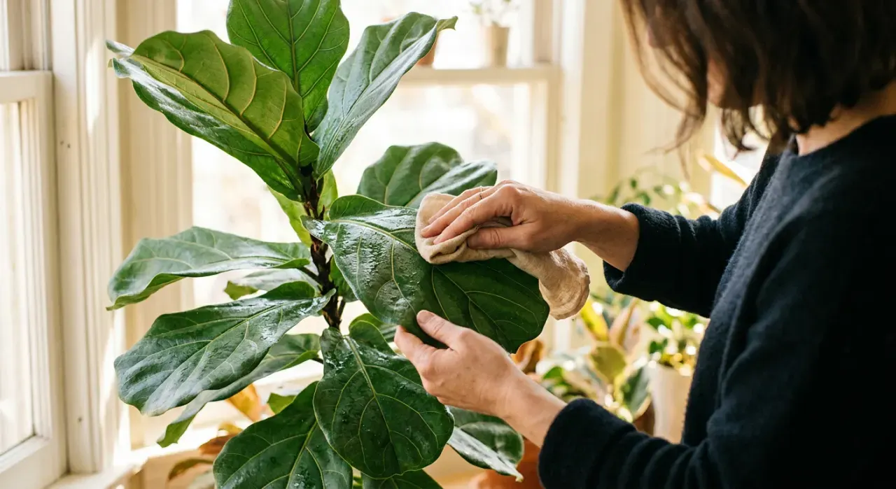 Over-the-shoulder view of a person's hands wiping the leaves of a large indoor plant beside a bright window, in soft early-morning light