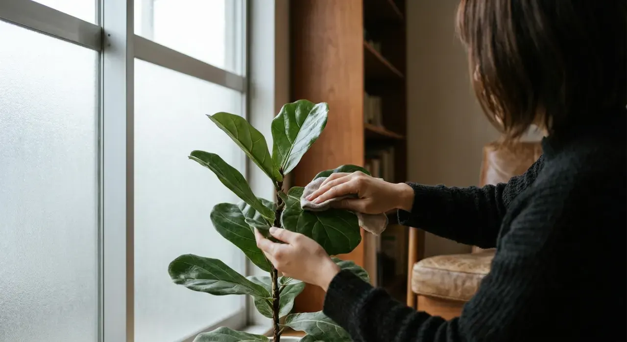Low-angle view of a person's hands wiping the leaves of a large indoor plant beside a bright window, in soft overcast light
