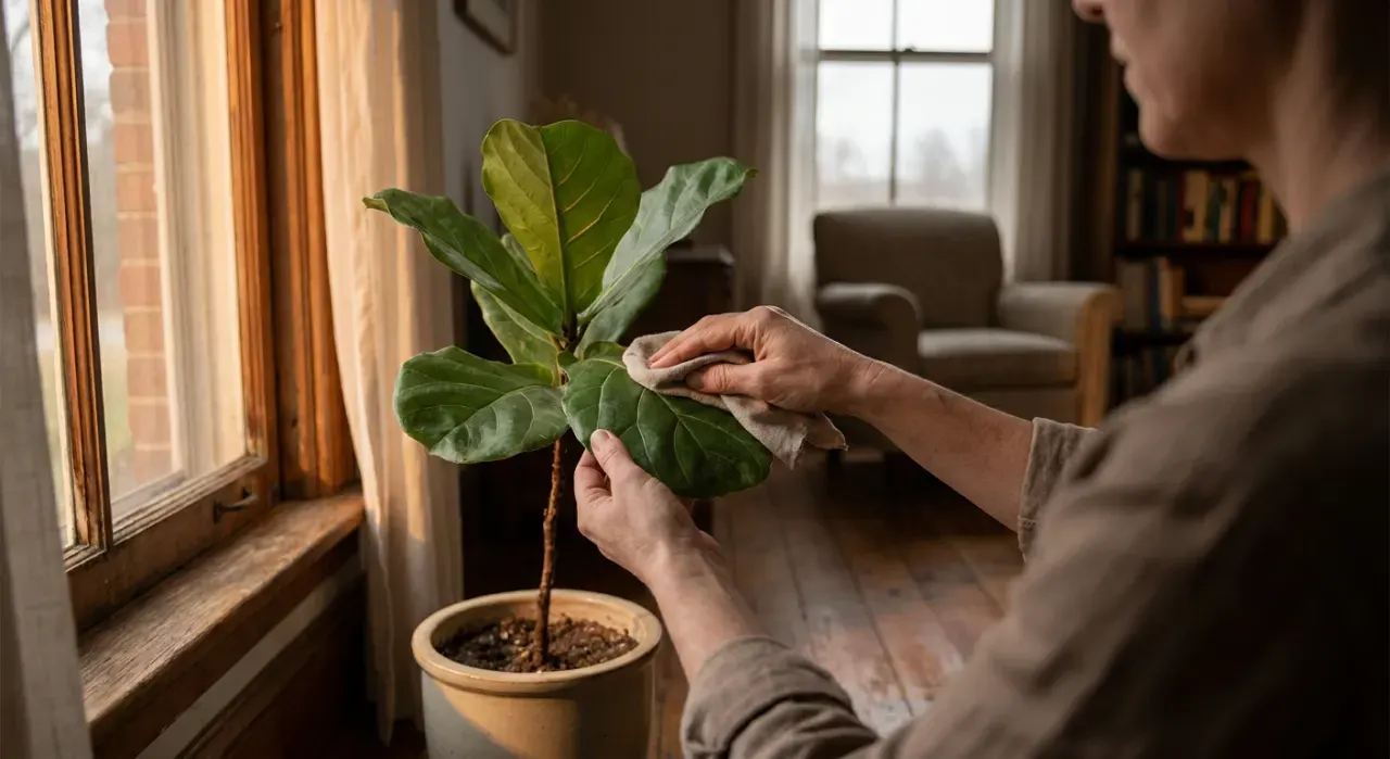 Golden-hour view of a person's hands wiping the leaves of a large indoor plant beside a bright window
