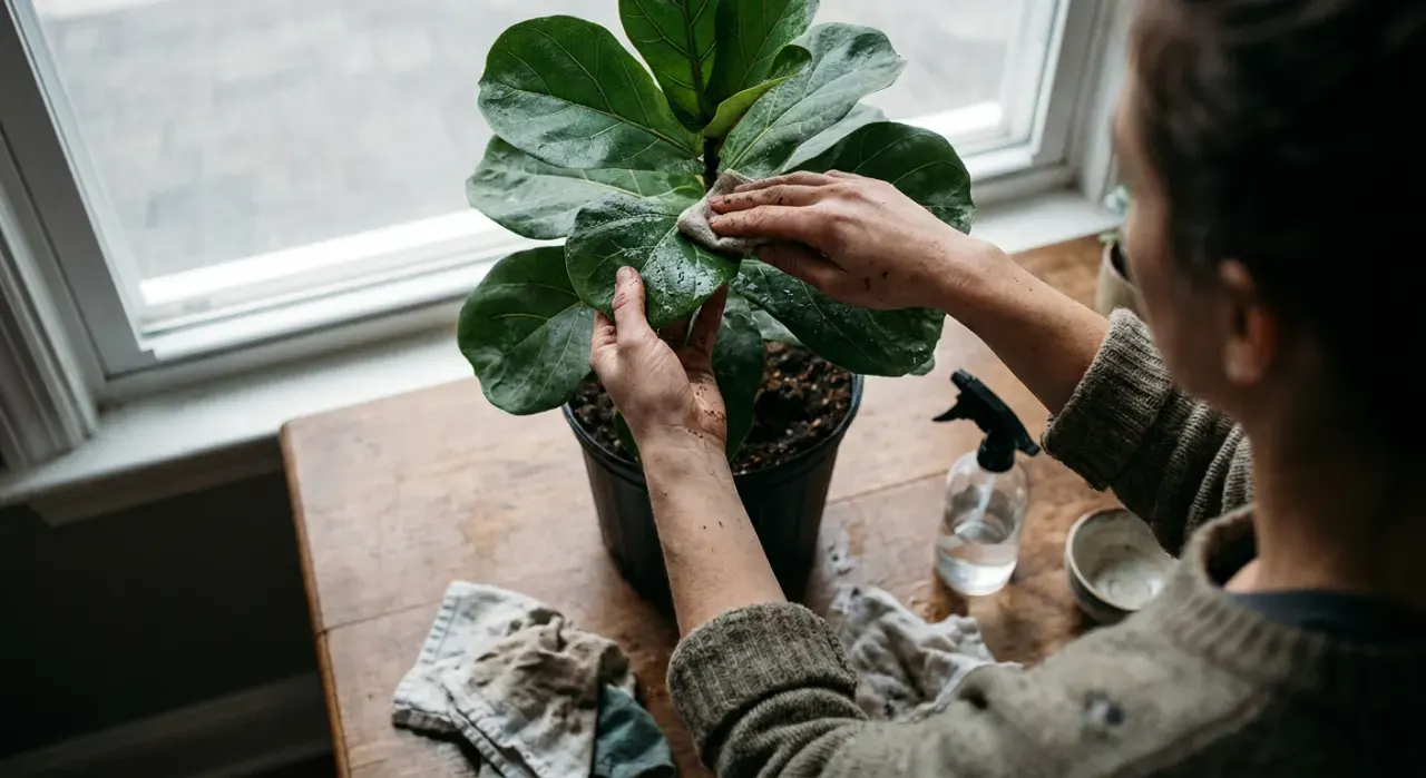 Overhead view of a person's hands wiping the leaves of a large indoor plant beside a bright window, in soft overcast light
