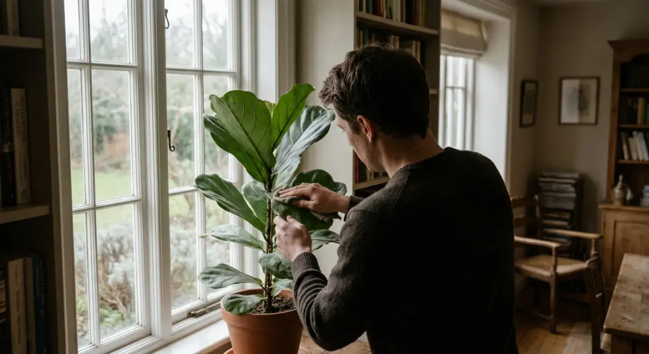 Wide environmental view of a person's hands wiping the leaves of a large indoor plant beside a bright window, in soft overcast light