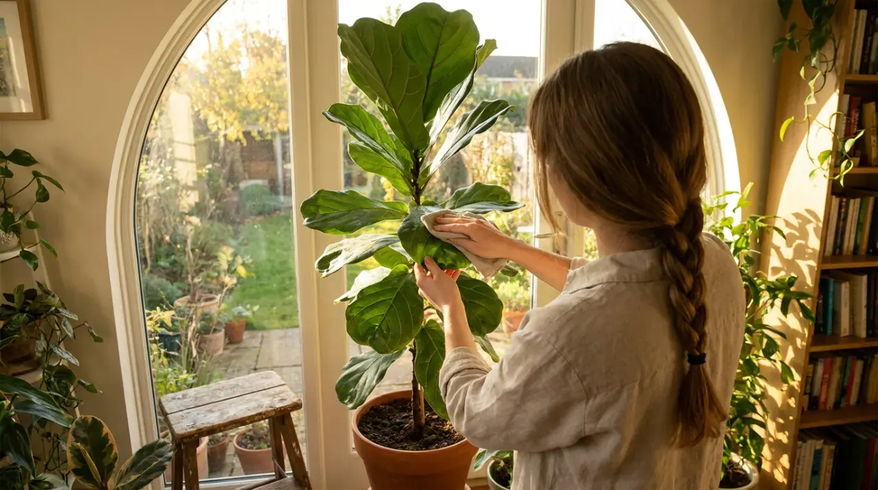 Wide view of a person's hands wiping the leaves of a large indoor plant beside a bright window, in warm late-afternoon light
