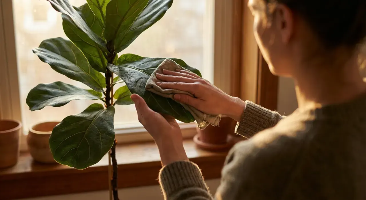 Over-the-shoulder view of a person's hands wiping the leaves of a large indoor plant beside a bright window, in warm late-afternoon light