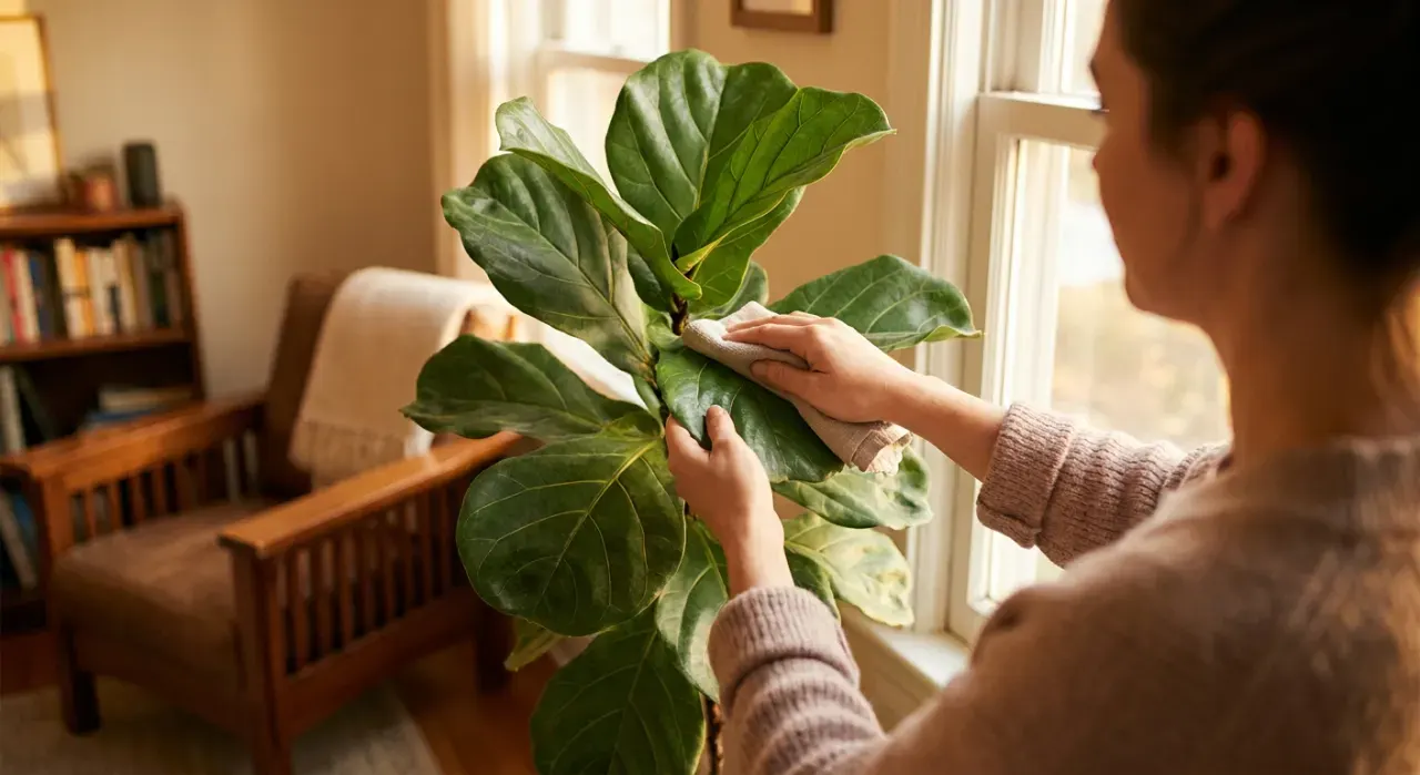 Three-quarter view of a person's hands wiping the leaves of a large indoor plant beside a bright window, in warm late-afternoon light