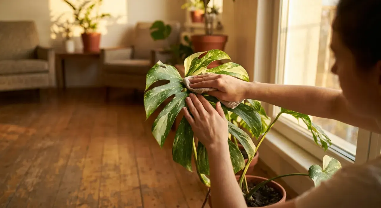 Low-angle view of a person's hands wiping the leaves of a large indoor plant beside a bright window, in warm late-afternoon light