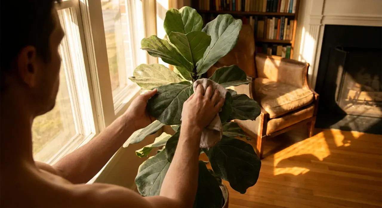 Golden-hour view of a person's hands wiping the leaves of a large indoor plant beside a bright window