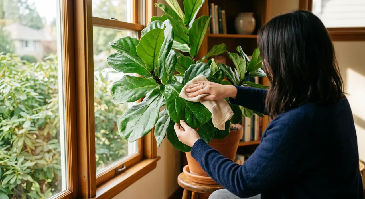 Three-quarter view of a person's hands wiping the leaves of a large indoor plant beside a bright window, in soft early-morning light