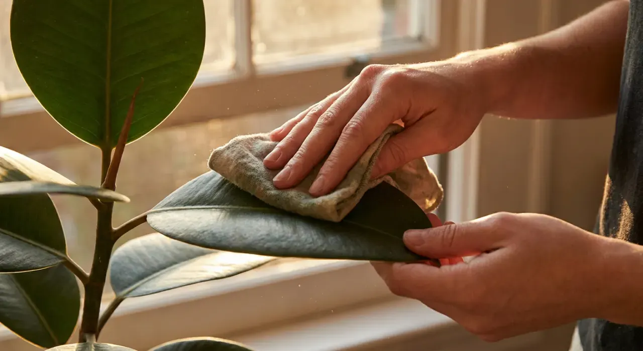 Close-up detail of the material being worked in a houseplants & indoor greenery project, in warm late-afternoon light
