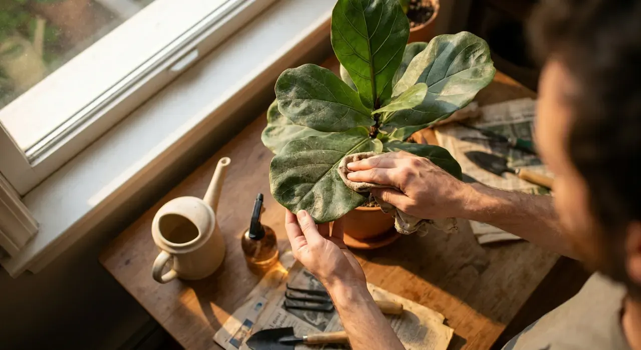 Overhead view of a person's hands wiping the leaves of a large indoor plant beside a bright window, in warm late-afternoon light