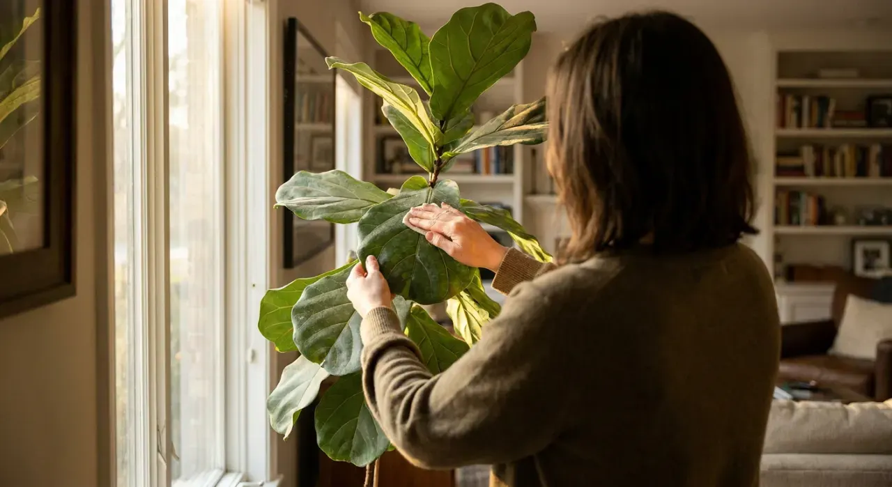 Wide environmental view of a person's hands wiping the leaves of a large indoor plant beside a bright window, in warm late-afternoon light