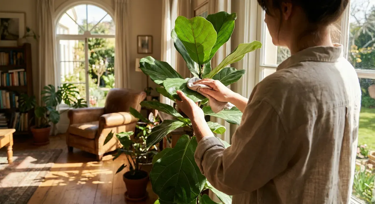 Wide view of a person's hands wiping the leaves of a large indoor plant beside a bright window, in bright midday sun