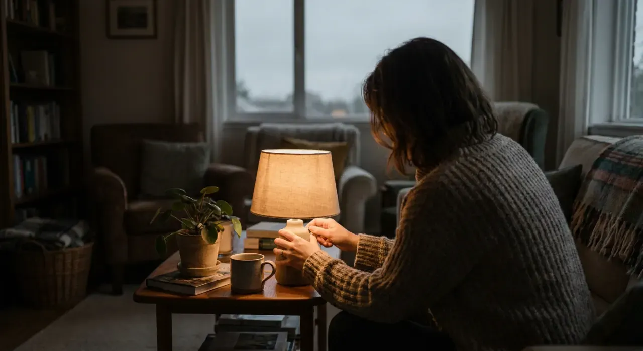 Wide environmental view of a person switching, in soft overcast light