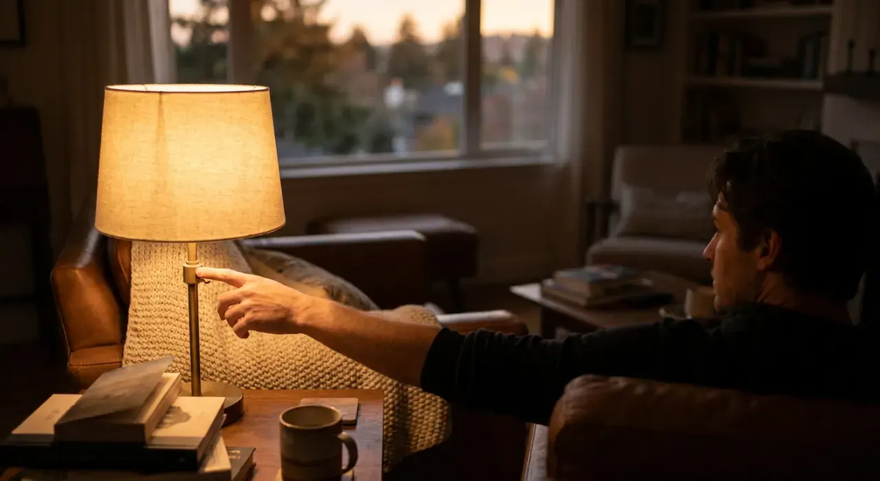 Three-quarter view of a person switching, in warm late-afternoon light