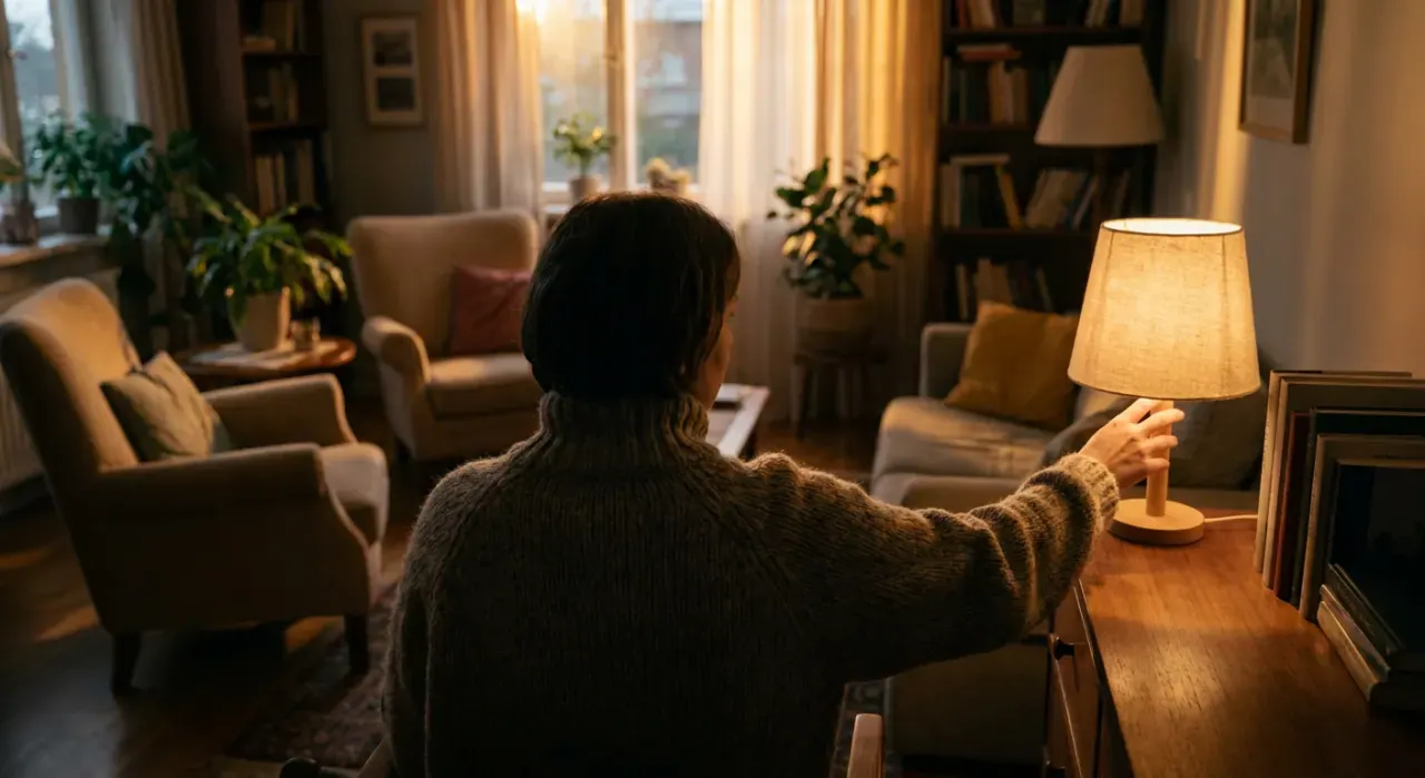 Wide environmental view of a person switching, in warm late-afternoon light