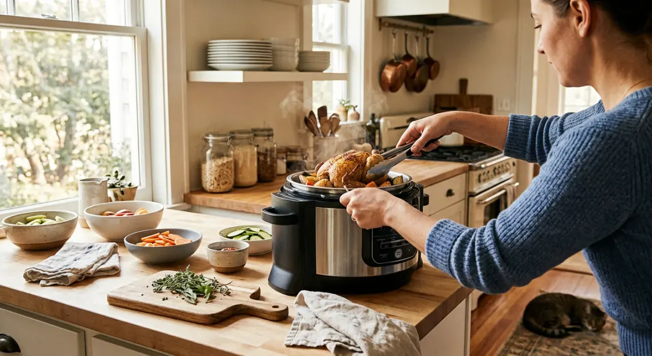 Wide view of a person's hands lifting food from a countertop appliance in a bright kitchen, in soft early-morning light